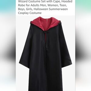 Yellow and Brown Striped‎ Scarf with Black Hooded Cape with Red Lining and Wand